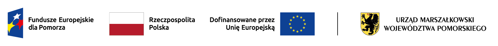 pasek logotypami przedstawiającymi od lewej flagę polską logo Uni europejskiej flag województwa pomorskiego